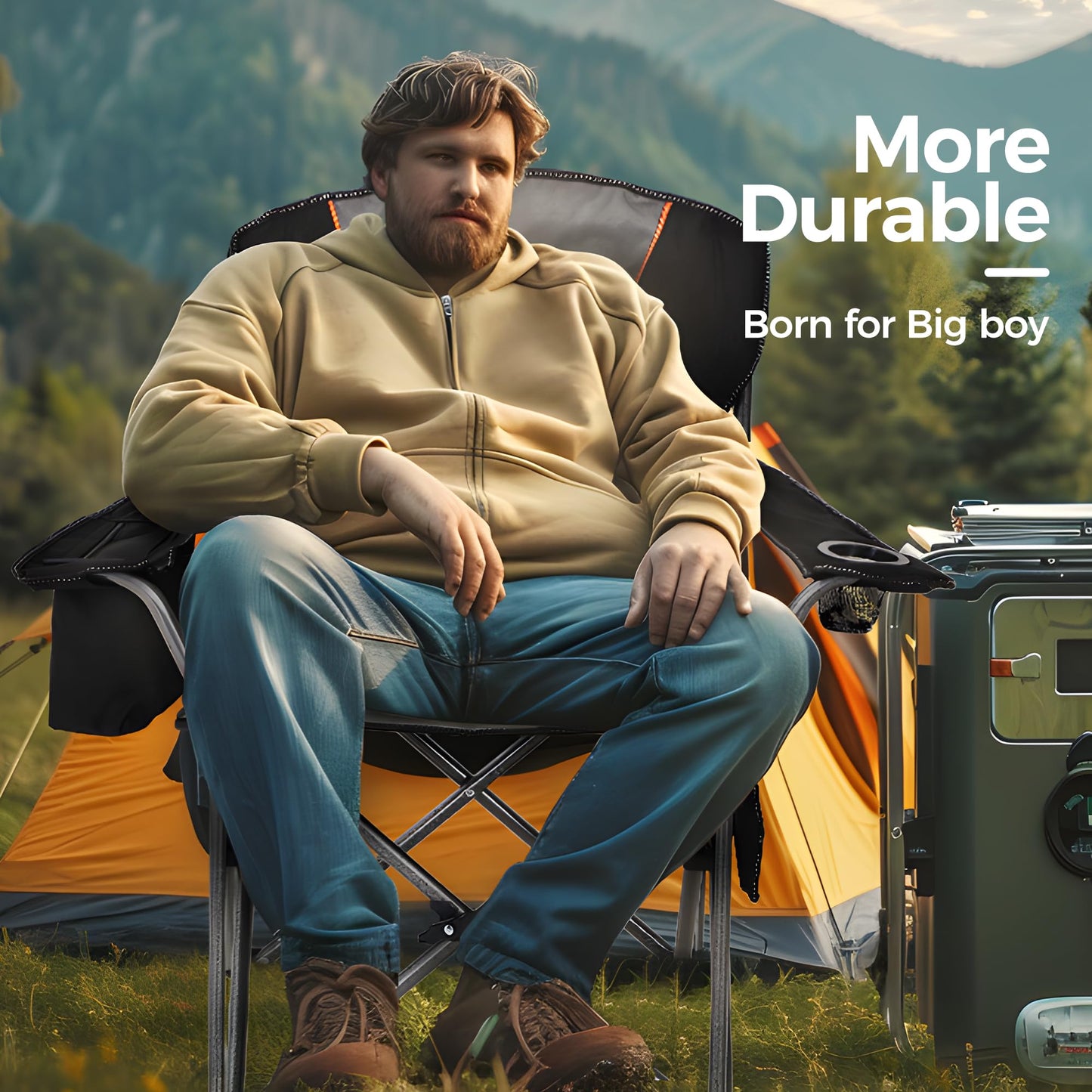 ALPHA CAMP 2PC Oversized Camping Folding Chair, Heavy Duty Support 450 LBS Steel Frame Collapsible Padded Arm Chair with Cup Holder Quad Lumbar Back, Portable for Outdoor,Black