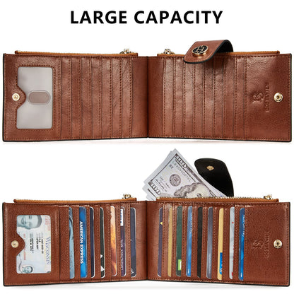 BOSTANTEN Leather Wallets for Women Large RFID Blocking Slim Bifold Purse Card Holder with Zipper Pocket Black＆Brown