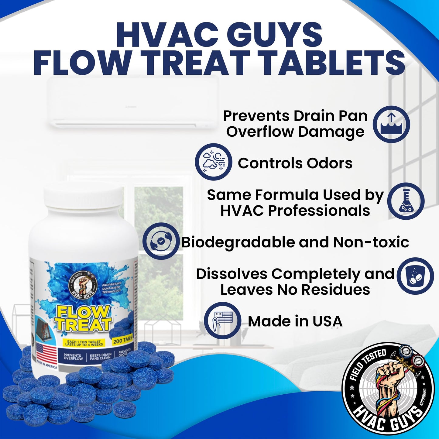 HVAC GUYS – Flow Treat Tabs - 2400 Tablets | AC Drain Line Cleaner | Prevents Odors, Keeps HVAC Drain Pan Clean, Prevents Overflow | One Tablet Lasts up to 4 Weeks