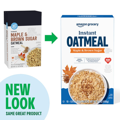 Amazon Grocery, Maple & Brown Sugar Instant Oatmeal, 15.1 Oz, 10 Ct (Previously Happy Belly, Packaging May Vary)