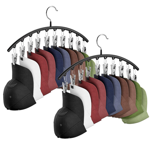 Hat Hangers for Closet, Metal 2 Pack Hat Organizer Holder for Hanger Closet Display, Hat Racks for Baseball Caps w/10 Clips, Hat Holder for Ball Caps & Accessories, for Men Women, Black