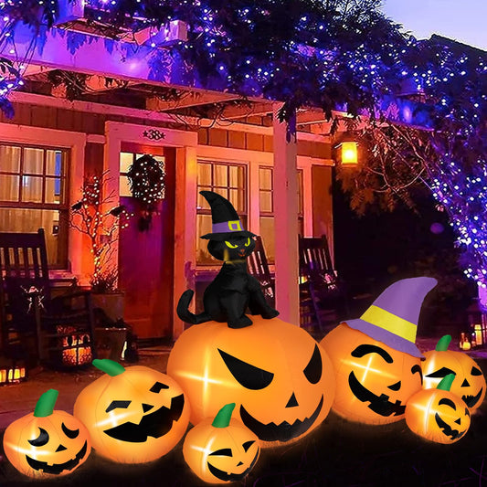 BRDJade 8FT Long Halloween Inflatables Pumpkin Outdoor Decorations, 7 Blow Up Pumpkins Inflatables with Witch Hat & Black Cat Built-in LED Lights for Halloween Party Yard Garden Lawn Decorations