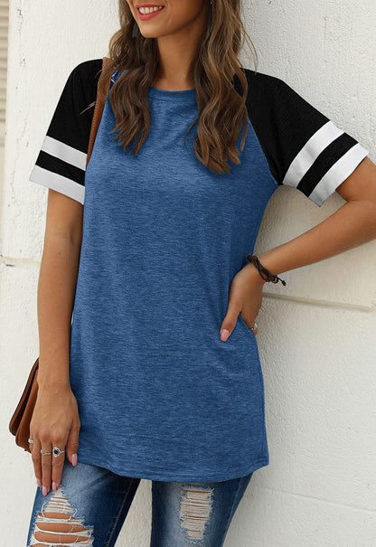 Adibosy Women Summer Casual Shirts: Short Sleeve Striped Tunic Tops - Ladies Loose Crew Neck Tee Tshirt Blouses Blue L