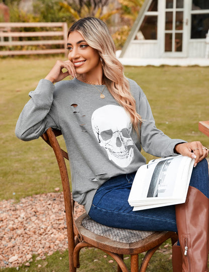 Blooming Jelly Women's Halloween Sweatshirts Skull Graphic T Shirts Long Sleeve Pullover Gothic Fall Trendy Outfits 2024 (Large, Grey)