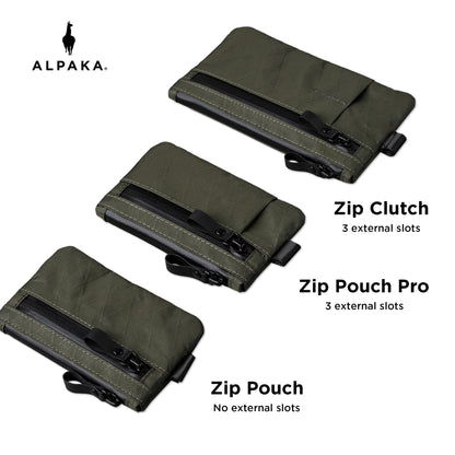 ALPAKA Zip Pouch Pro X-Pac VX21 - Slim Zipper Wallet with RFID Blocking, ID Card Holder, YKK Zippers Multi-tool Slot, Weatherproof Fabric Small Tech Pouch for Men Travel (Dark Green)