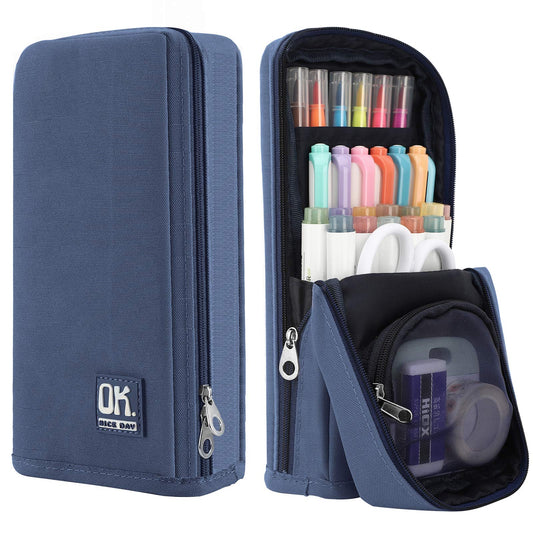 Housolution Standing Pencil Case Large Capacity Pen Bag, Multi-Layer Pen Pouch Pencil Holder Stationery Organizer, Polyester Pencil Bag Storage Box Desk Organizer, Blue