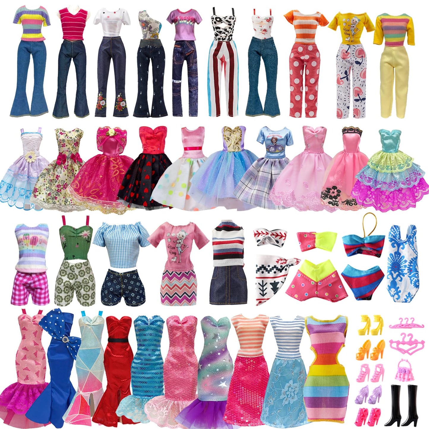 30 Pieces Doll Clothes and Accessories for 11.5 Inch Girl Dolls Including Random 5 Tops, 5 Pants, Random 3 Dresses, Random 3 Fashionable Dresses, Random 2 Swimwear, 6 Pairs of Shoes, 1 Bag, 5 Hangers