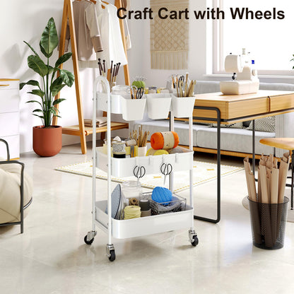 3 Tier Heavy Duty White Metal Rolling Cart with Lockable Wheels, Three Tier Roller Book Snack Cart, Utility Storage Organizer Carts for Kitchen, Bathroom, Garage, Baby Diaper, Craft, Art, Teacher