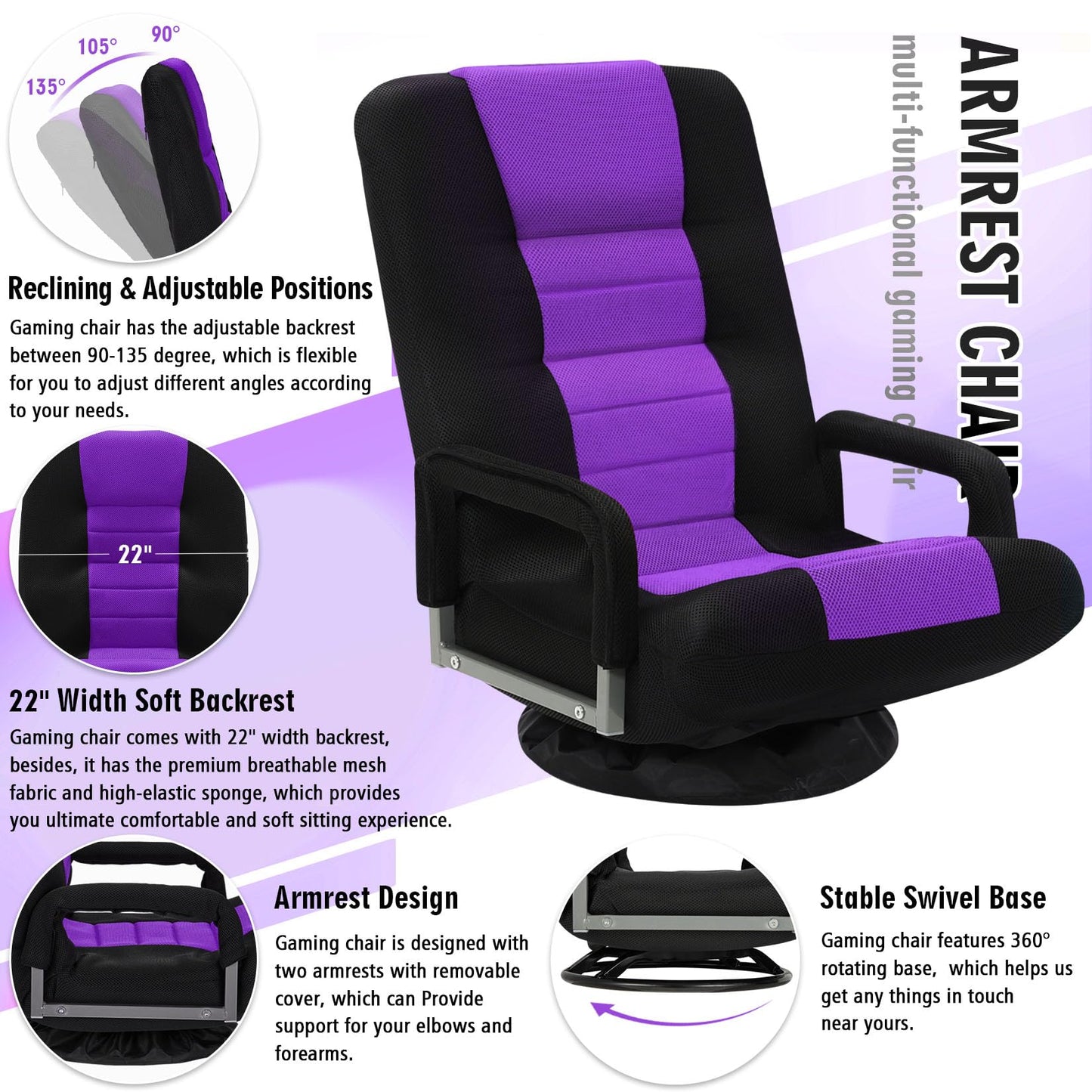 Buymoth Swivel Floor Gaming Chair w/Armrests,Folding Video Reclining Sofa w/6 Adjustable Position, Padded Backrest & Cushion, Lazy Lounger Couch for E-Sports, Reading, Relaxing, Watching TV, Purple