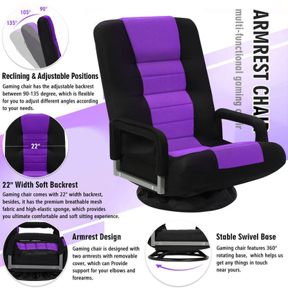 Buymoth Swivel Floor Gaming Chair w/Armrests,Folding Video Reclining Sofa w/6 Adjustable Position, Padded Backrest & Cushion, Lazy Lounger Couch for E-Sports, Reading, Relaxing, Watching TV, Purple