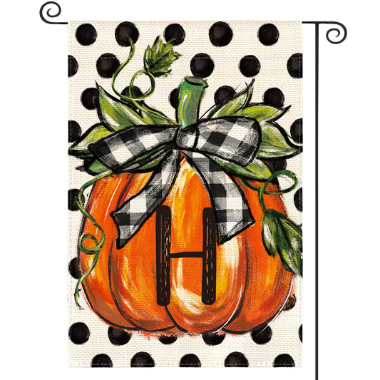 AVOIN colorlife Fall Monogram Letter H Garden Flag Polka Dot Pumpkin 12x18 Inch Double Sided Outside, Small Burlap Family Last Name Initial Yard Decoration