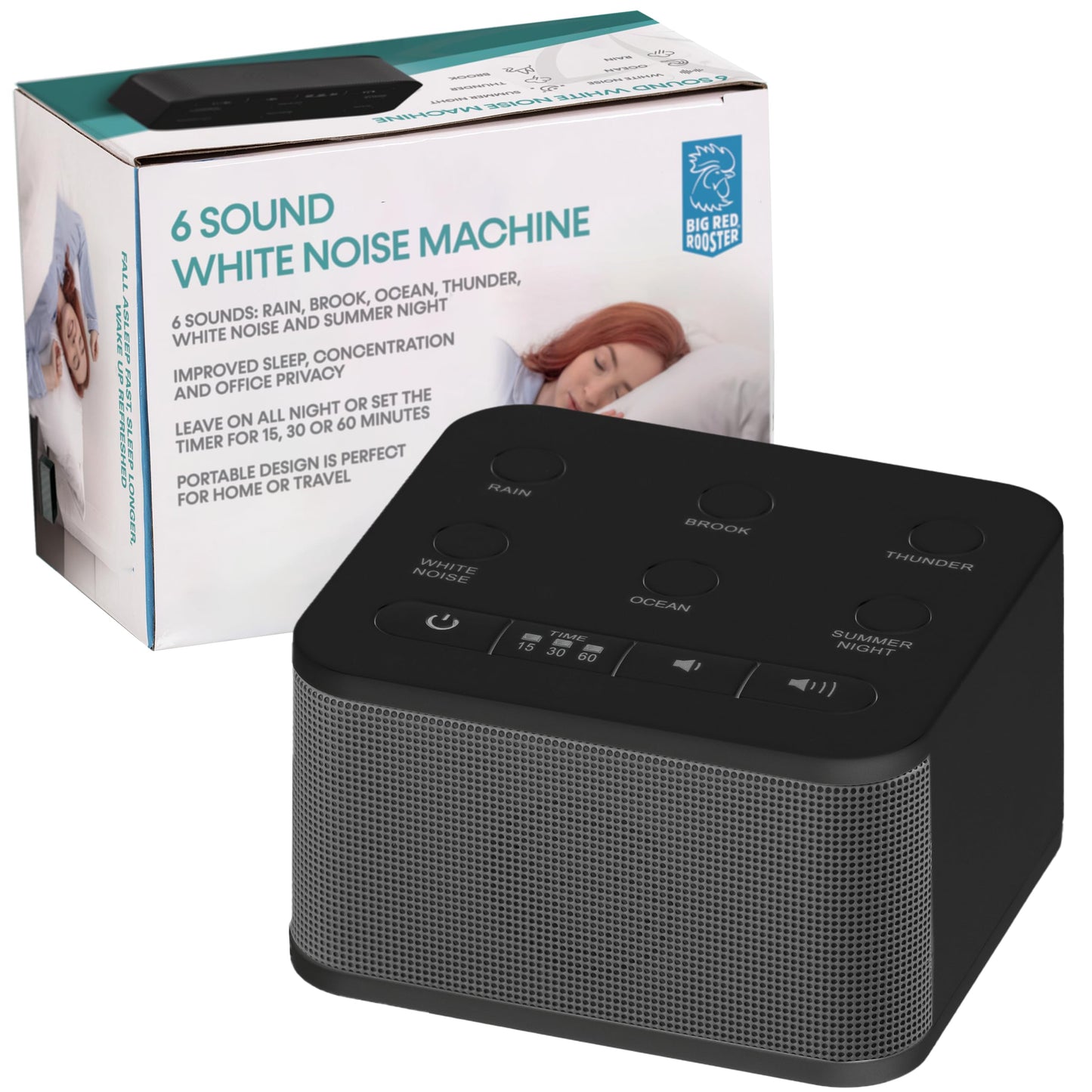 Big Red Rooster Sound Machine - 6 Sleep Sounds - Portable White Noise Machine for Office Privacy & Adult Sleeping - Compact Travel or Home - Dual Power Options - Black