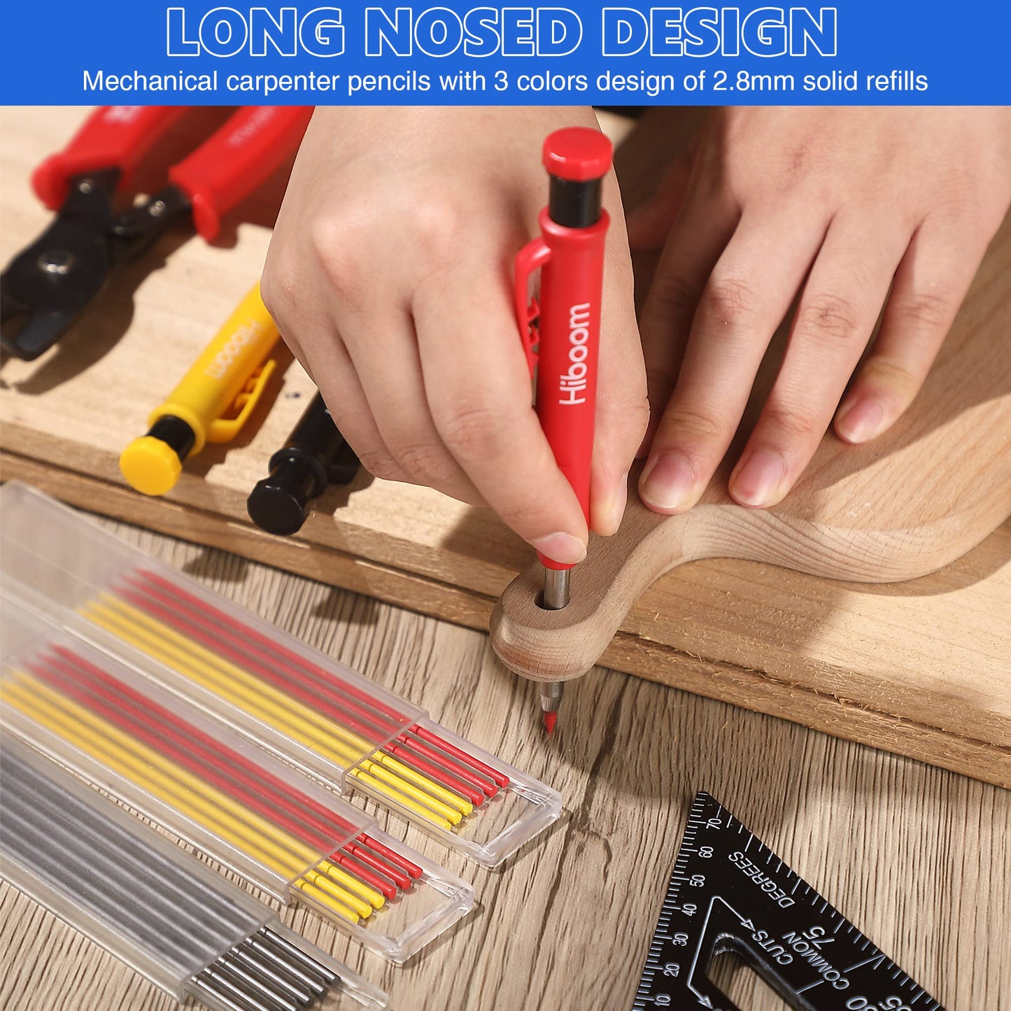 Hiboom Mechanical Carpenter Pencils with Solid Deep Hole Woodworking Pencils with Built in Sharpener & Refills, Automatic Center Punch, Carbide Scribers Tool Set for Architect Construction