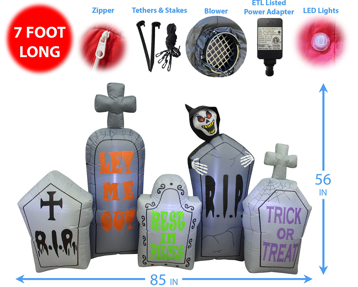 7 Foot Long Halloween Inflatable Tombstones Pathway Scene Haunted House Prop Grim Reaper LED Lights Decor Outdoor Indoor Holiday Decorations, Blow up Lighted Yard Decor, Lawn Inflatables Home Family