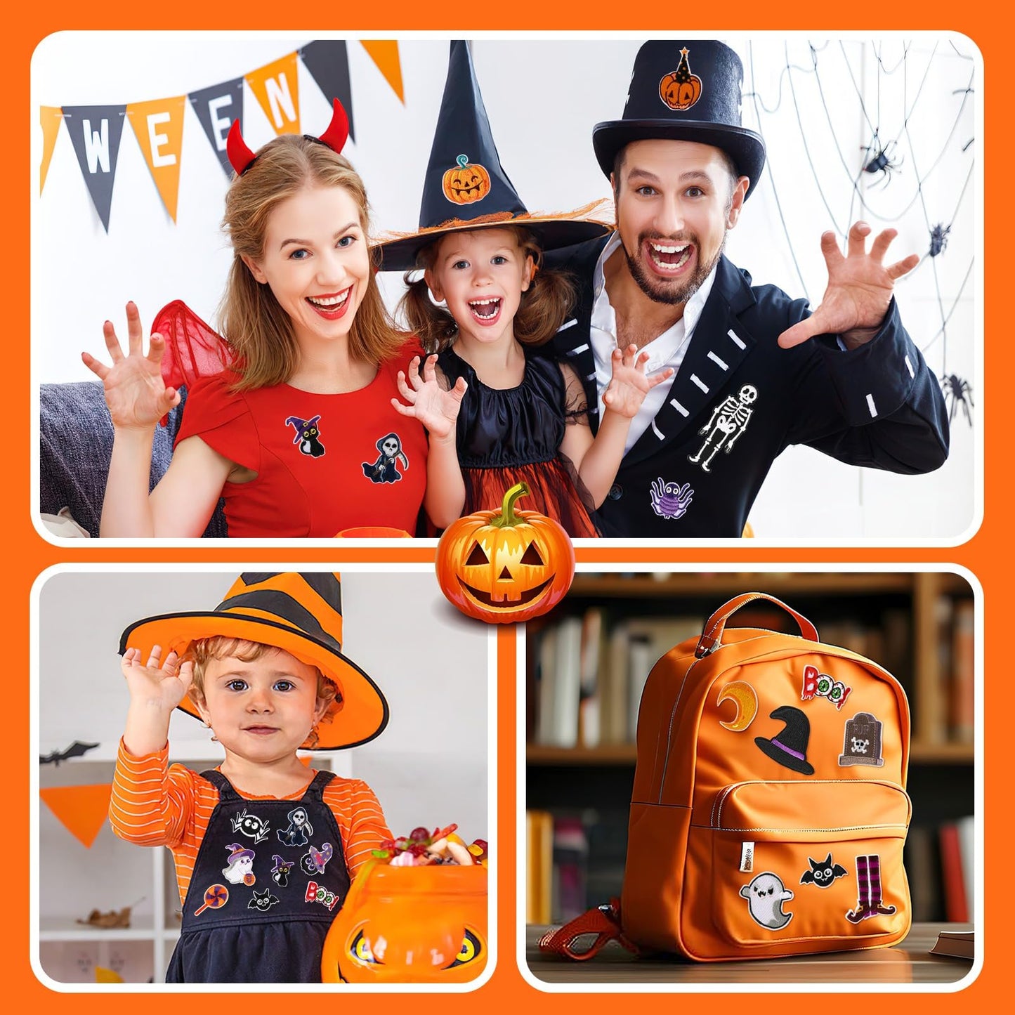 AUGSUN 60pcs Halloween Iron on Patches Random Assorted Halloween Embroidered Sew Applique Repair Patch Cute Skull Pumpkin Ghost Black Cat Witch Bats Patches for Clothing Jacket Dress Backpack Hat