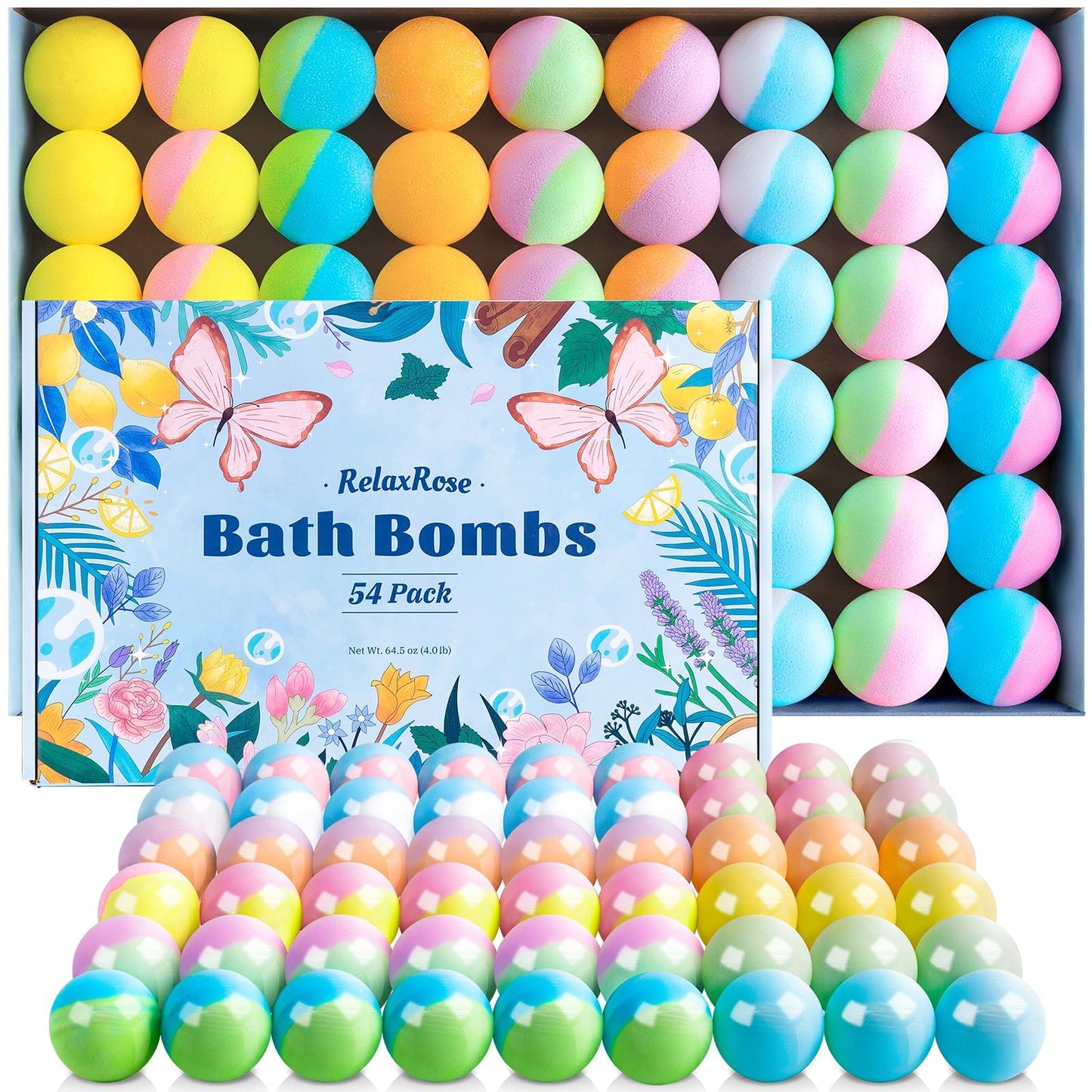 54 Pack Handmade Bath Bombs – 11 Vibrant Colors & 9 Unique Scents, Long-Lasting Fizzy Bubbles & Colorful Magic, 7-Minute Dissolve for Relaxation, Perfect for Birthdays & Summer Self-Care