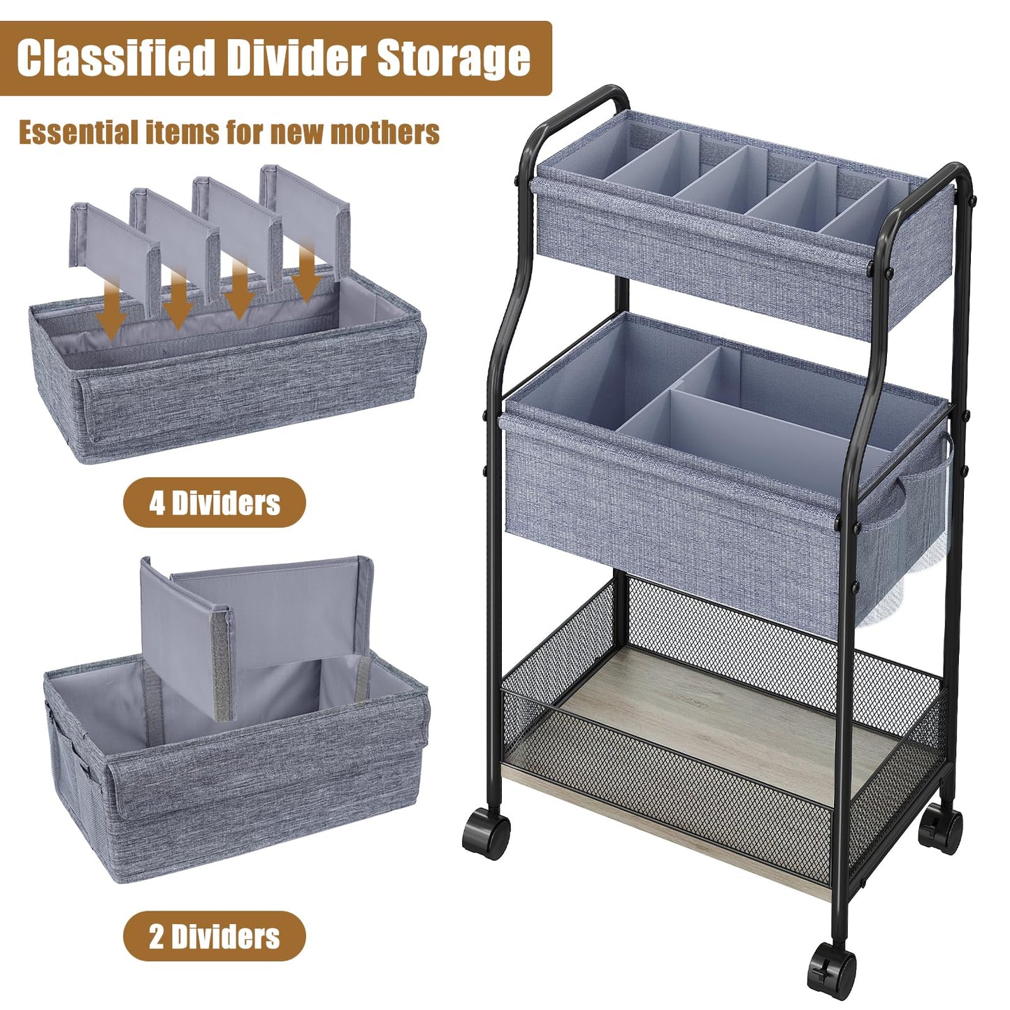 3-Tier Baby Diaper Caddy Organizer and Storage Cart with 4+2 Dividers, Mobile Metal Utility Cart with Rolling Wheels for Nursery Essentials, Large Capacity Rolling Carts for Crib, Bedroom, Bathroom