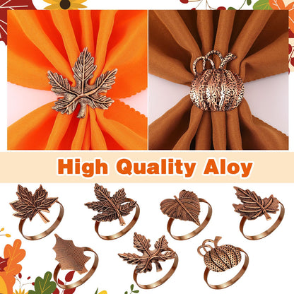 WILLBOND 12 Pcs Thanksgiving Napkin Rings Set Thanksgiving Pumpkin Leaf Themed Holders Fall Napkin Rings Alloy Design Holder Buckle for Halloween Home Party Table Decor Wedding Supplies (Copper)