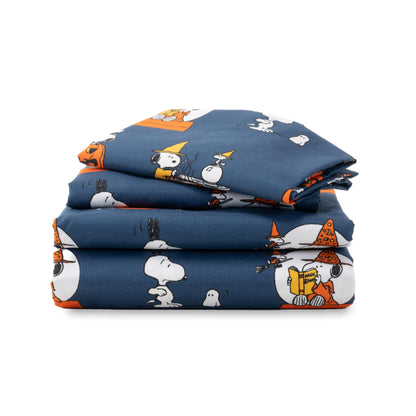 Berkshire Blanket Peanuts® Kids Sheet Set Queen Size - 4 Pieces,Cute Character Snoopy Printed Soft Microfiber Bed Sheets,Halloween Magic Potions Sheet Navy