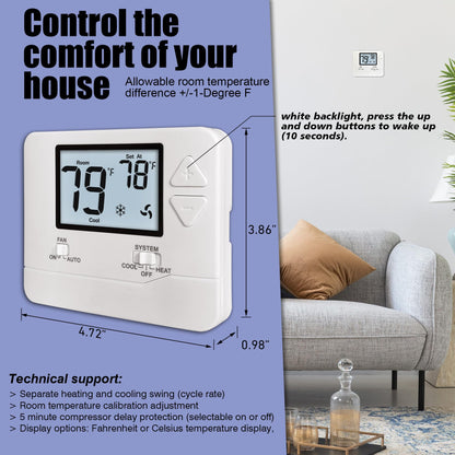 Heagstat Non-Programmable Thermostats for Home Conventional Single-Stage Systems, up to 1 Heat/ 1 Cool (with White Backlight)