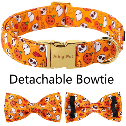 ARING PET Halloween Dog Collar with Bow, Cute Orange Ghost Pumpkin Pets Necklace Detachable Bow Tie Collars for Puppy Small Medium Large Girl Boy Dogs-XS