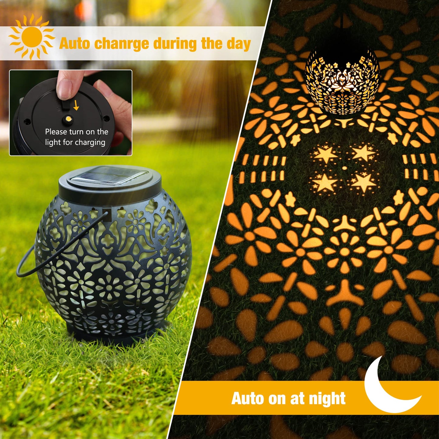 Brizled Solar Lantern Lights, 2 Pack Outdoor LED Hanging Lantern Lights with Star Projection, Warm White Solar Garden Lighting Retro Table Lanterns Light Waterproof for Garden Patio Courtyard Path