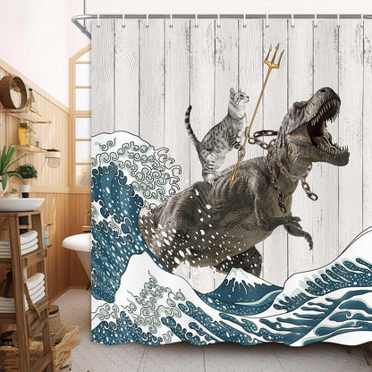 Boziqr Funny Cat Shower Curtain, Cool Cat Dinosaur Japanese Ocean Wave Decor Fabric Bathroom Curtains, Kids Children Rustic Wooden Farmhouse Shower Curtain, 70X70 Inches