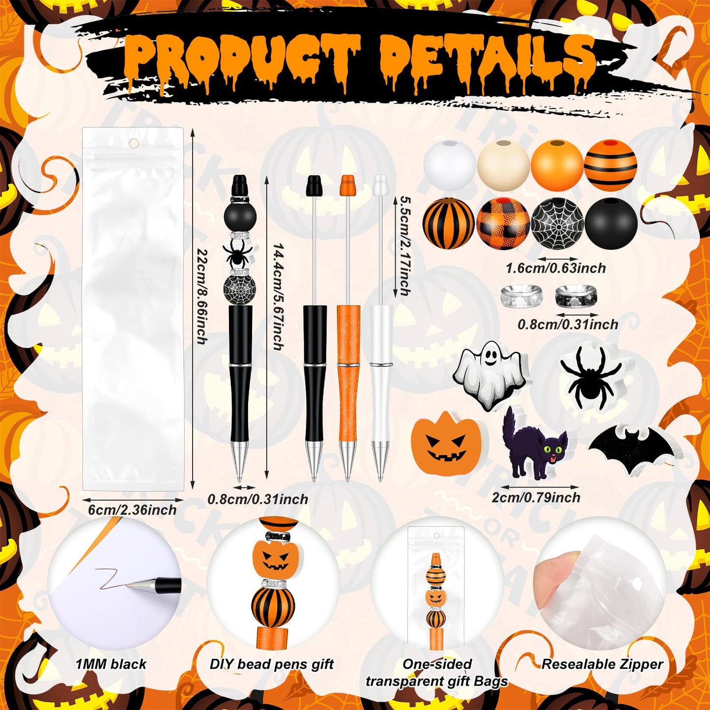 Zhanmai 197 Pcs Halloween Beadable Pen Bulk DIY Pens Making Kit 24 Assorted Bead Pens 101 Pumpkin Ghost Bat Spider Halloween Beads 24 Packaging Bags 48 Spacer Beads for Kids Office School Supplies