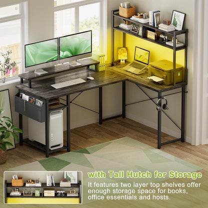 Besiost Small L Shaped Gaming Desk with Power Outlets, 48" Reversible L Shaped LED Computer Desk with Monitor Stand & Storage Shelf, Corner Gamer Desk Home Office Desk with Storage Bag, Black Oak