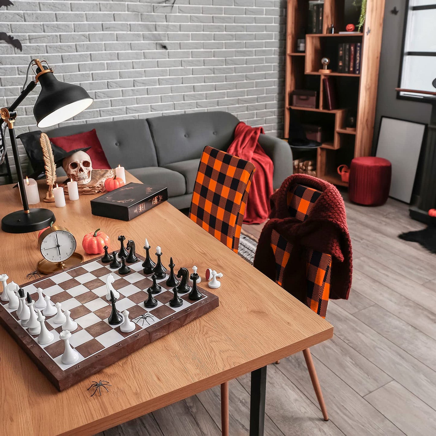 Whaline 4Pcs Fall Chair Slipcovers Orange White Buffalo Check Dining Chair Covers Protector Removable Stretch Elastic Seat Covers for Thanksgiving Party Kitchen Home Hotel Restaurant Ceremony Decor