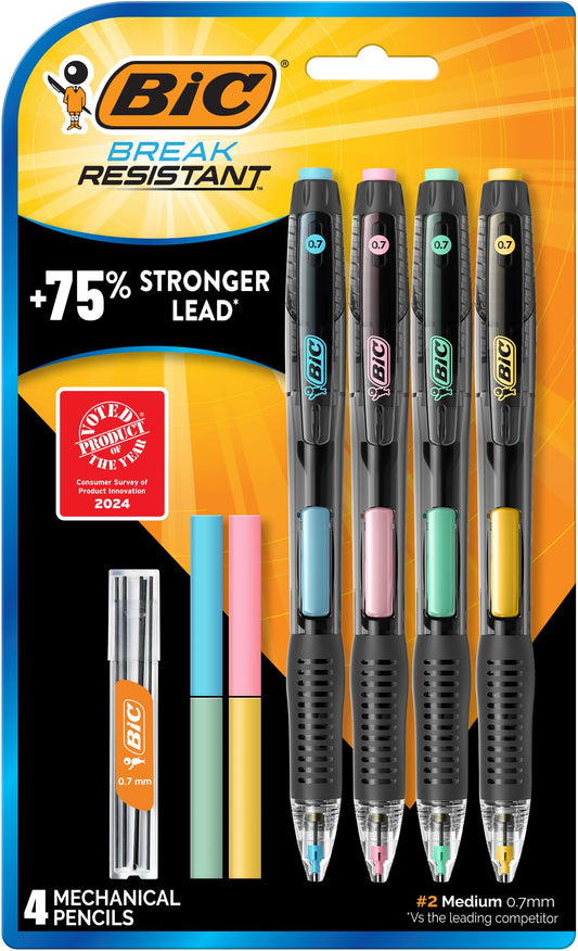 BIC Break Resistant Mechanical Pencils with Erasers, No. 2 Medium Point (0.7mm), 4-Count Pack Pencils for School or Office Supplies, Lead and Eraser Refills