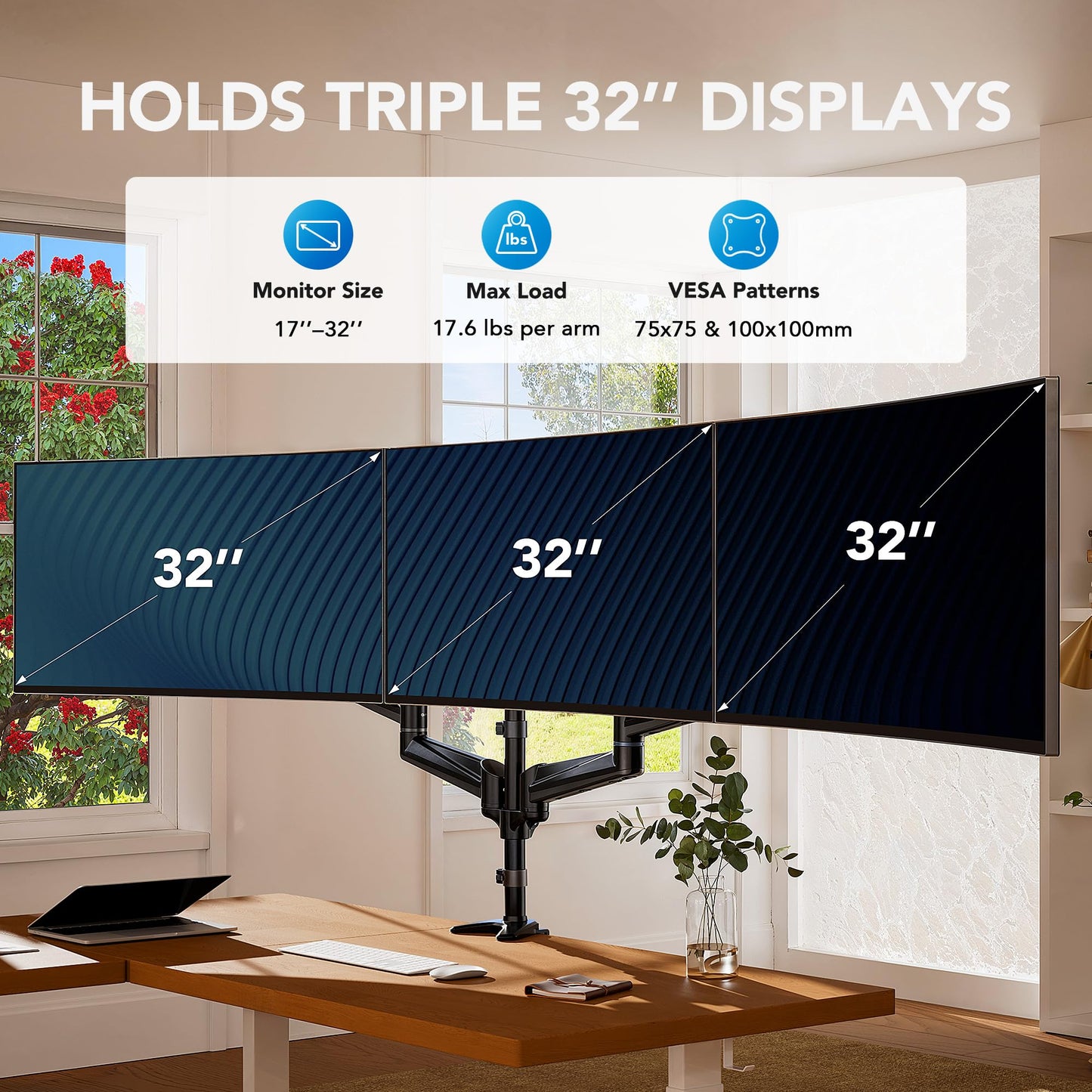 HUANUO Triple Monitor Mount for 17 to 32 inch Screens, Gas Springs Adjustment Triple Monitor Stand with Swivel, Tilt, Rotation, Clamp & Grommet Kit (Black)