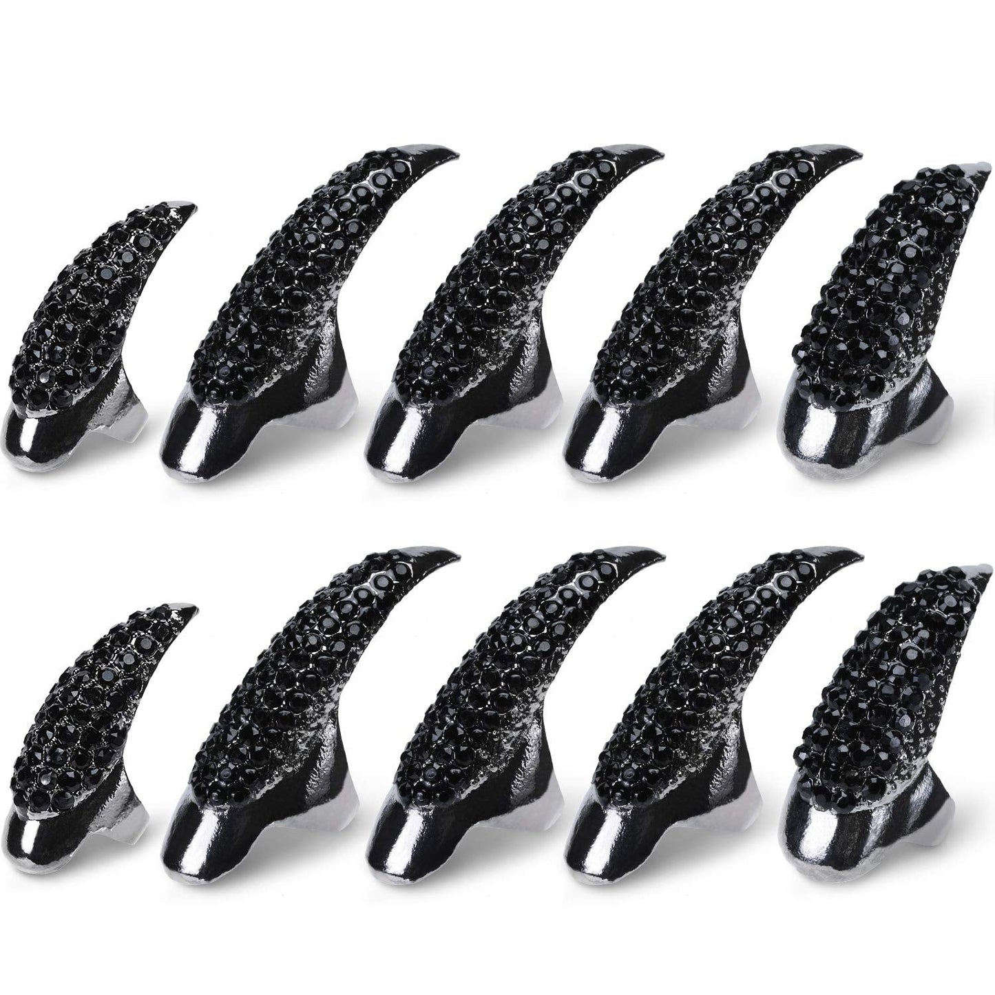 Hicarer 10 Pcs Halloween Gothic Nail Claw Ring Metal Punk Fake Nails Set Costume Full Finger Rings for Men Women Party Favor Cosplay Supplies, 3 Sizes