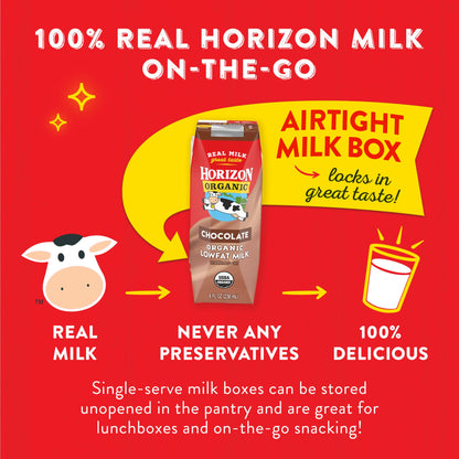 Horizon Organic Shelf Stable 1% Lowfat Chocolate Milk Boxes, USDA Certified Organic UHT Milk from Pasture-Raised Cows, No Refrigeration Required, 8 fl oz, 18 Count