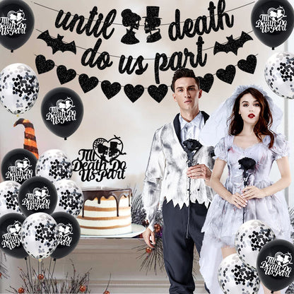 Black Glitter Till Death Do Us Part Banner Black Glitter Heart-Shaped Garland Cake Topper Latex Balloons Halloween Wedding Party Decorations Halloween Bachelorette Bridal Shower Decorations Halloween Engagement Party Supplies