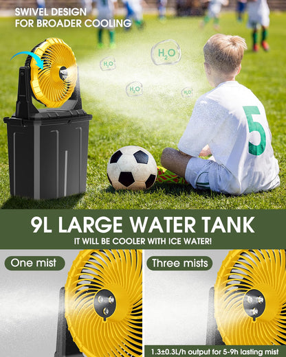Ausic Portable Misting Fan - 9L Bucket, 10-inch Outdoor Fans for Patios/Camping/Beach/Golf etc., 20000mAh USB Rechargeable Battery Powered Floor Water Cooling Fan, 3 Strong Winds, 3 Spray Mister