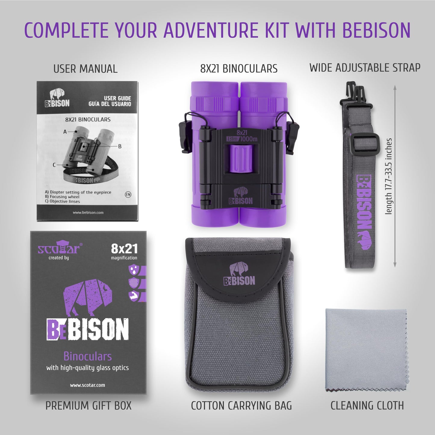 BeBison Binoculars for Kids and Adults - 8x21 High Resolution Real Optics - Compact Folding Shockproof Kids Binoculars for Bird Watching - Spy Games - Outdoor Play for Boys and Girls