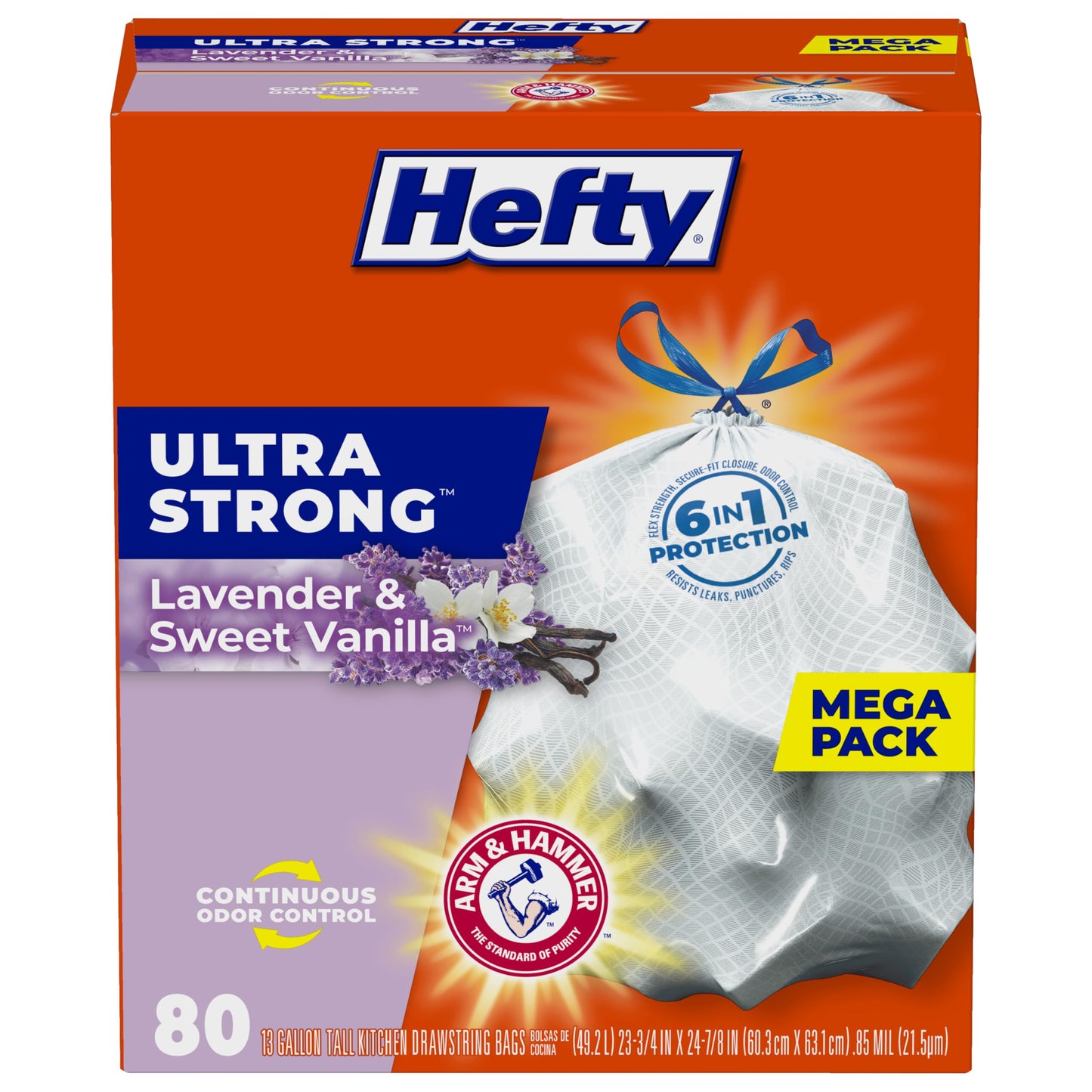 Hefty Ultra Strong Tall Kitchen Trash Bags, Lavender & Sweet Vanilla Scent, 13 Gallon, 80 Count