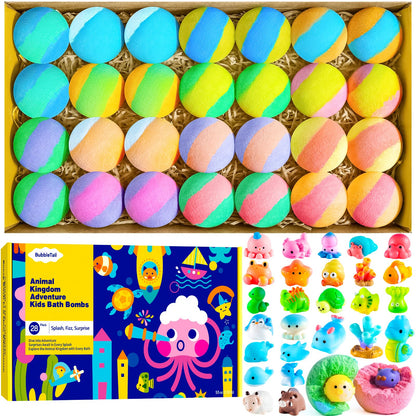Bath Bombs for Kids with Surprise Inside, 28 Fun Fizzy Shower Bombs with Land & Sea Animal Toys, Kid-Friendly & Non-Toxic, Birthday Party Favors, Holiday Stocking Stuffers for Girls and Boys