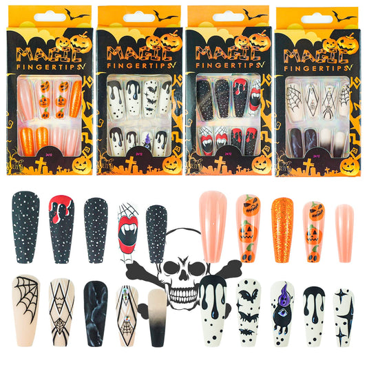 96 Pcs Halloween Press on Nails, Wsimily Halloween Long Coffin Acrylic Artificial False Nails Fake Nail with 96 Pcs Nail Adhesive Tabs, Pumpkin Spider Bat Design for Women Girl Nail Art Decoration