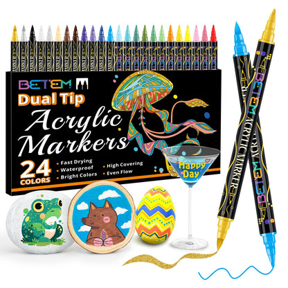 Betem Acrylic Paint Markers, Dual Tip 24 Colors Acrylic Paint Pens with Brush Tip and Fine Point, Art Supplies for Rock, Wood, Canvas, Stone, Glass, Ceramic, Rock Painting DIY Crafts Making Drawing