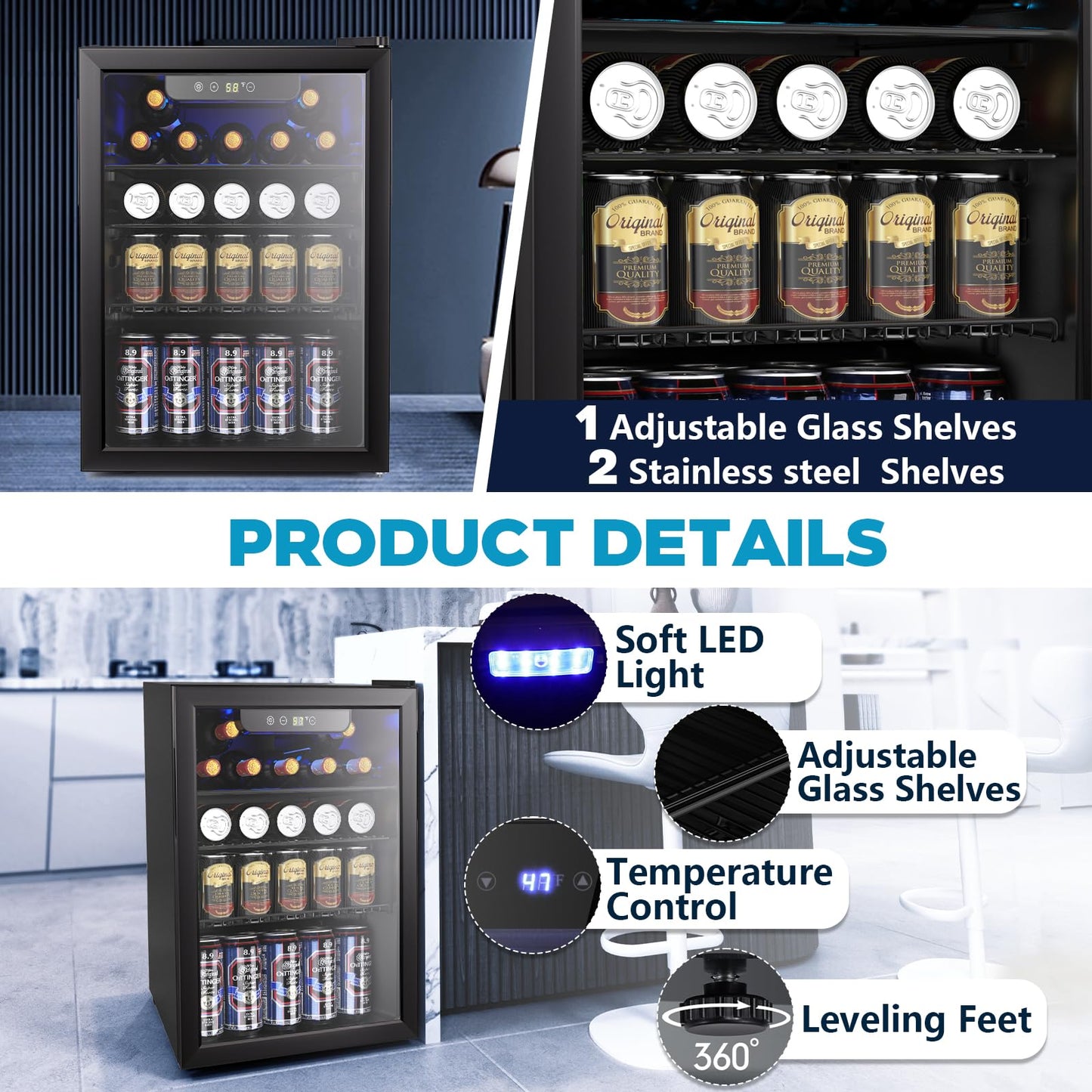 2.6 Cu.ft Beverage Refrigerator Cooler, 95 Can Mini Fridge Glass Door with Adjustable Shelves, Digital Temperature Display, Freestanding Small Drink Fridge for Home, Office or Bar(Black)