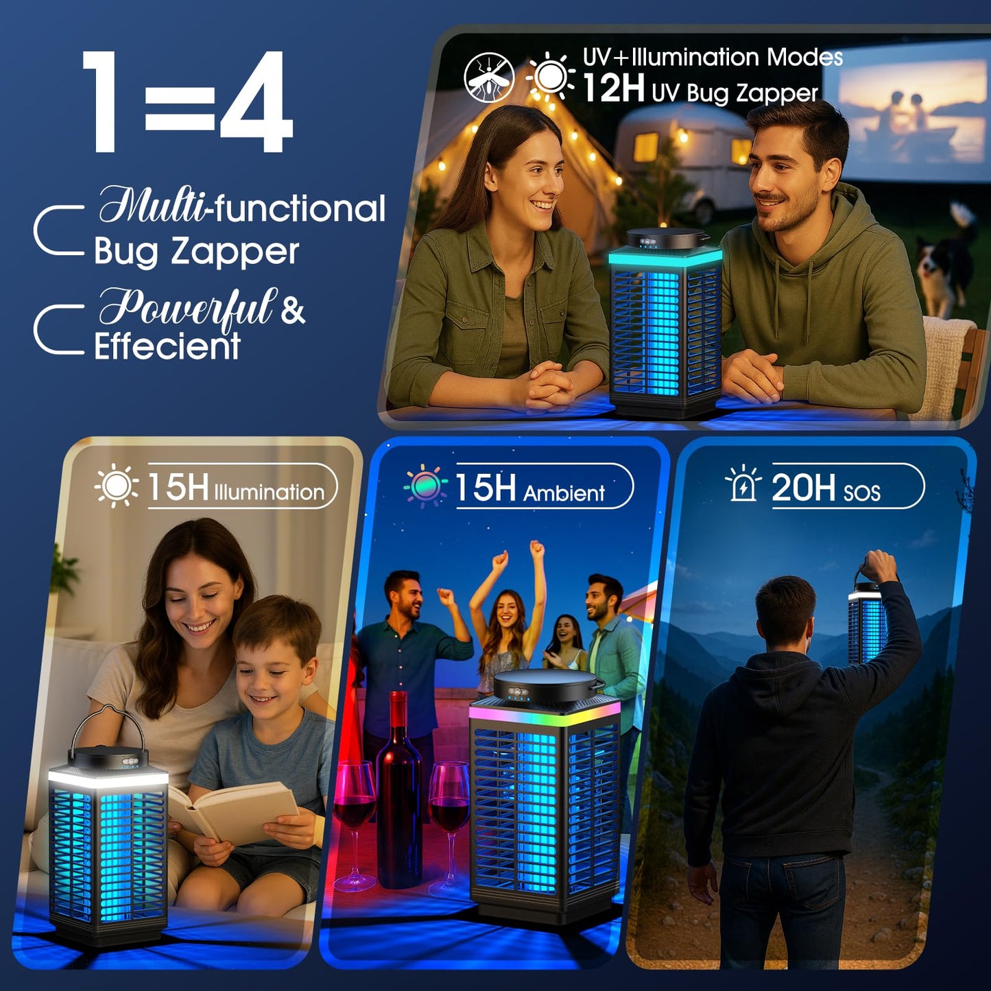 Bug Zapper Outdoor, 4-in-1 4200V Electric Mosquito Zapper, Cordless Rechargeable Bug Zapper Fly Zapper with 5000mAH Battery, Waterproof IP68, Portable & Wireless Insect Zapper for Camping Patio Black