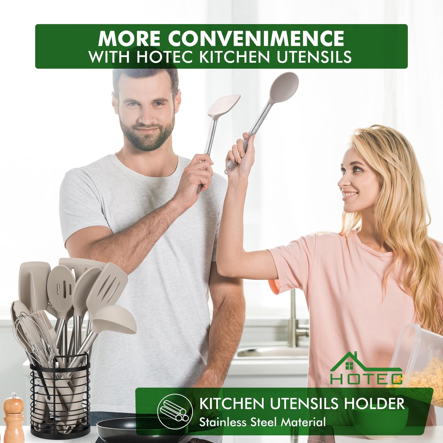 HOTEC 446°F Heat Resistant Silicone Kitchen Utensils, Cooking Utensil Set, Spatula Set, BPA Free, Kitchen Gadgets, With Stainless Steel Utensils Holder, Dishwasher Safe 14pcs Khaki