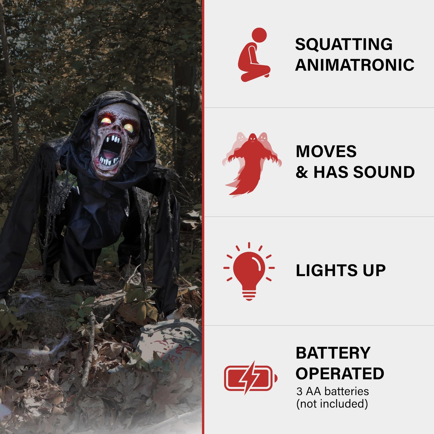 Haunted Hill Farm Scary Crouching Zombie, Halloween Animatronic with Touch Activated Lights and Sounds, Battery Operated Indoor or Covered Outdoor Halloween Decorations, Creepy Halloween Props