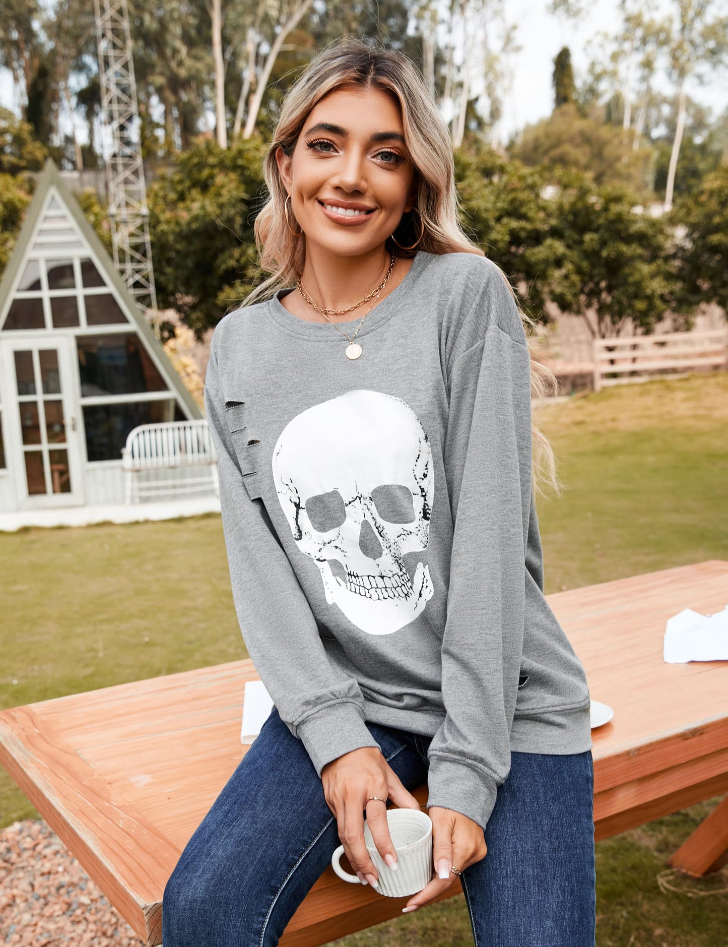 Blooming Jelly Women's Halloween Sweatshirts Skull Graphic T Shirts Long Sleeve Pullover Gothic Fall Trendy Outfits 2024 (Large, Grey)