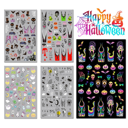 IDDFEVE Halloween Nail Art Stickers, Gradient Pumpkin, Horror Mask Nail Decals, 3D Self-Adhesive Spider-Web Bat Design for DIY Nail Supplies Decoration (5 Sheets)