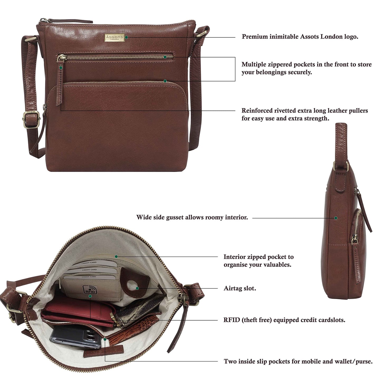 ASSOTS Smart Leather Crossbody Bag for Women – Triple Zip Crossover Purse Travel Bag Fits iPad Pro 11”