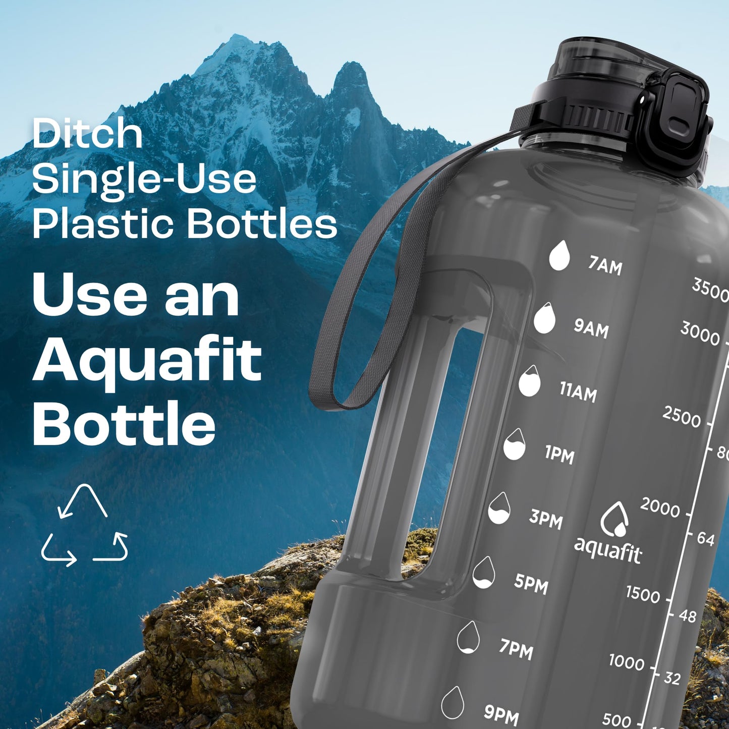 AQUAFIT 1 Gallon Water Jug with Time Marker - BPA Free 128 oz Gym Water Bottle with Straw, Handle, Gray