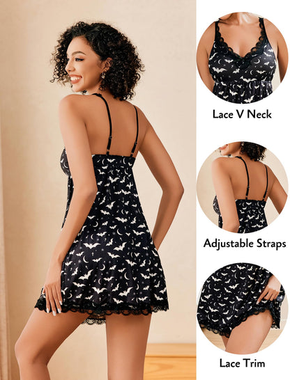 Avidlove Women Sexy Sleepwear Babydoll Nightgown Lace Chemise Halloween Print Small